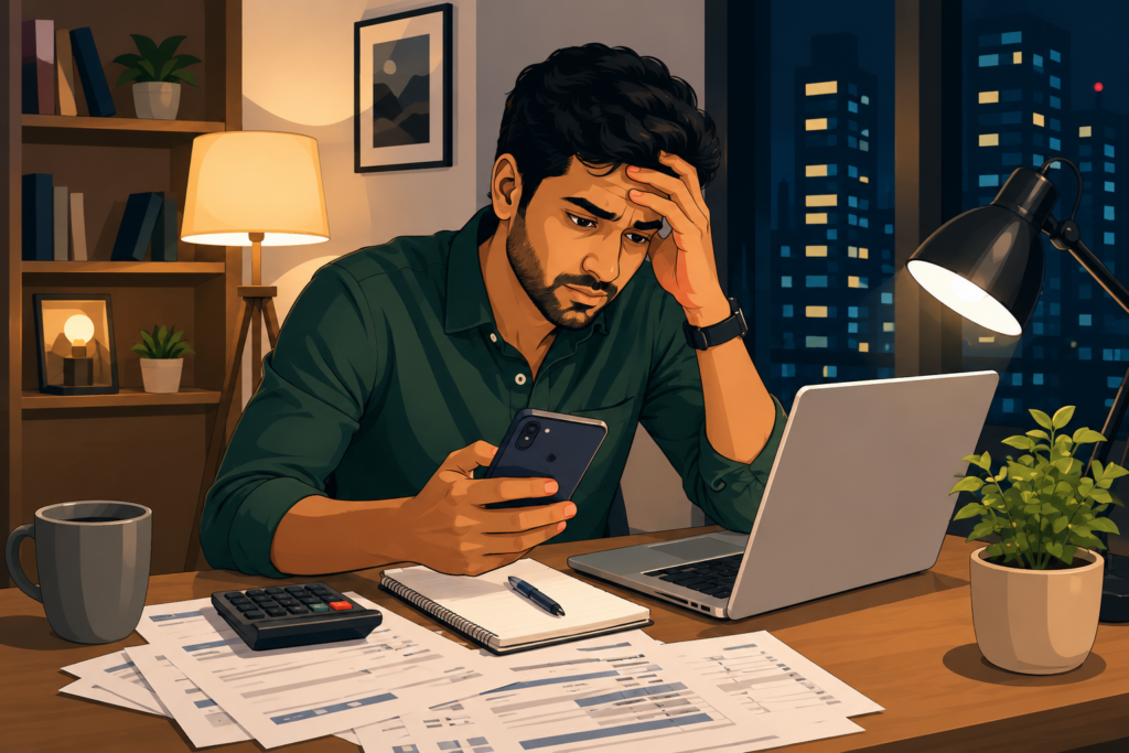 A stressed man looking at his phone and financial documents at a desk late at night