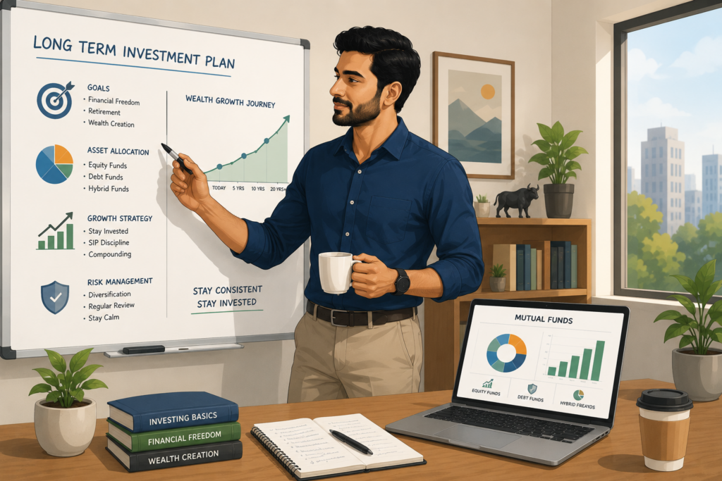 Young Indian professional standing beside a whiteboard explaining a long-term investment plan in a modern home office. The scene includes mutual fund charts, wealth growth graphs, a laptop displaying investment data, books on financial freedom, indoor plants, and warm natural daylight, creating a calm and disciplined financial planning atmosphere.

