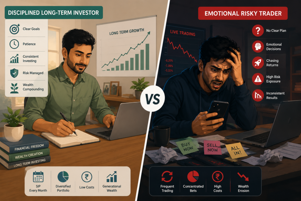 Split-screen modern vector illustration comparing a disciplined long-term investor and an emotional risky trader. On the left, a calm Indian investor works on a laptop beside a rising wealth chart, investment books, and icons representing patience, SIP investing, diversification, and wealth compounding. On the right, a stressed trader looks at a falling live trading screen surrounded by emotional trading notes, warning icons, and symbols of high-risk behavior and financial losses.