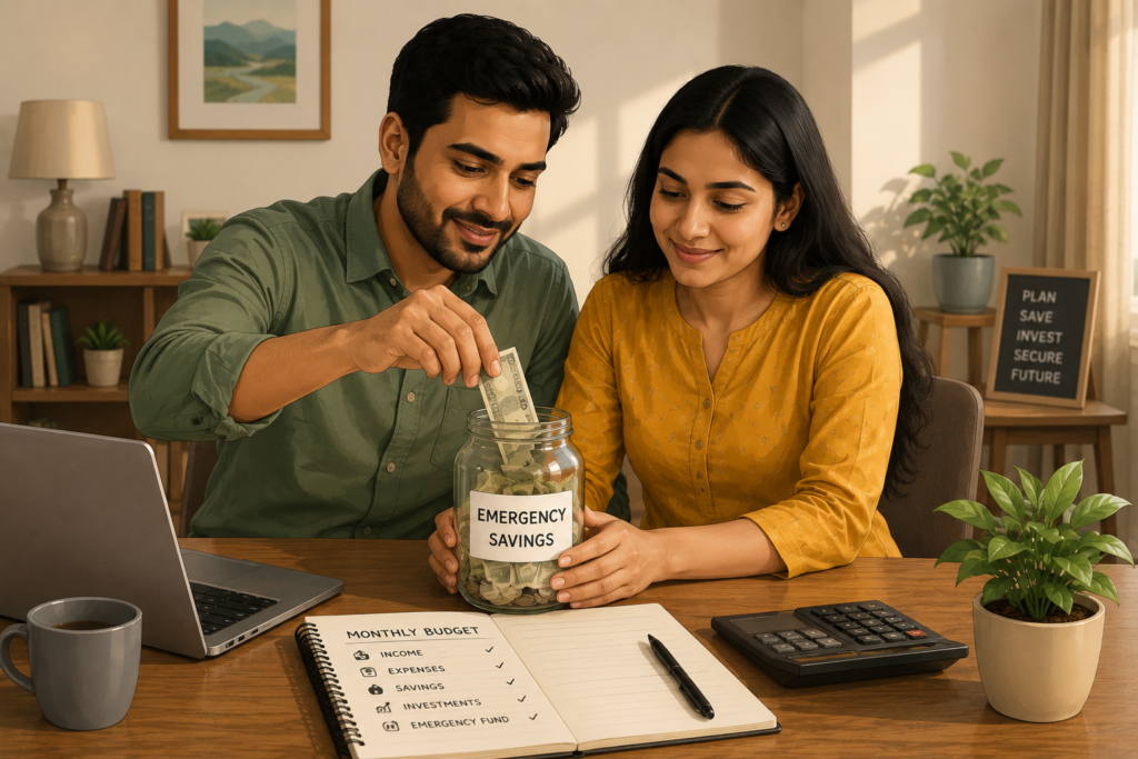 Young Indian couple building emergency savings together at a wooden desk in a warm modern home. The man places cash into a savings jar labeled “Emergency Savings” while the woman smiles beside him. A laptop, calculator, monthly budget planner, coffee mug, and indoor plants create a calm and financially responsible atmosphere in a modern vector illustration style.