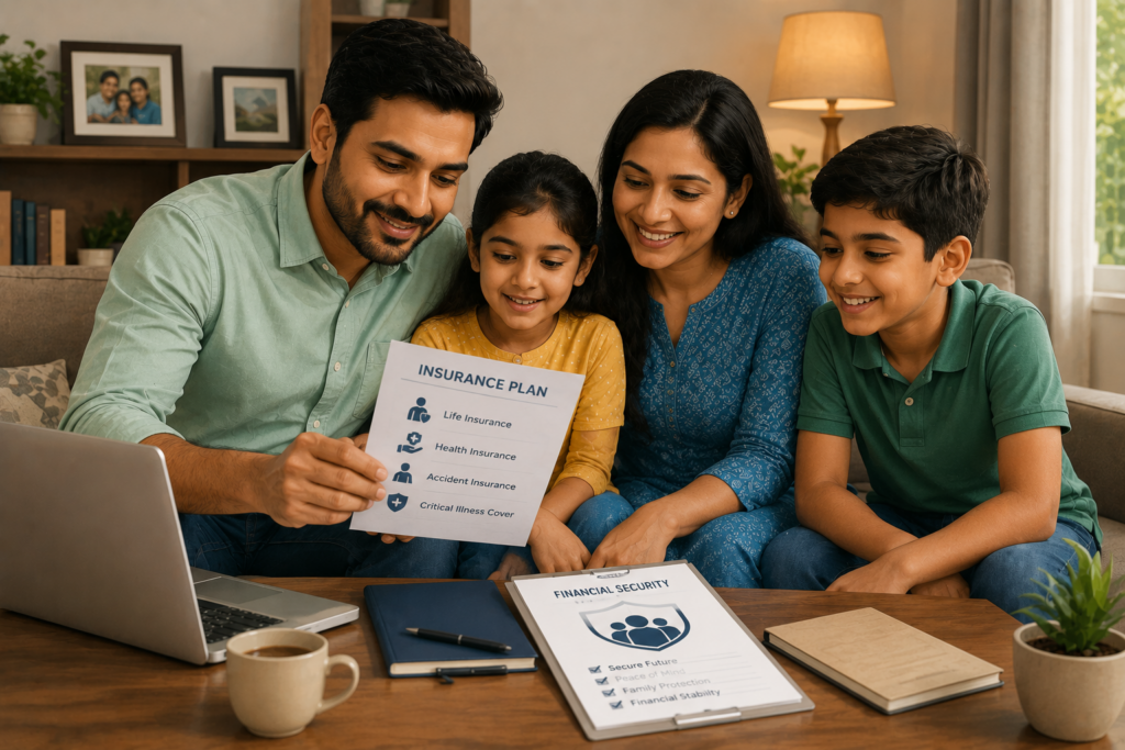 Indian family sitting together in a warm and comfortable living room while reviewing insurance and financial protection documents. Parents and two children smile as they discuss an insurance plan beside a laptop, notebook, and financial security checklist. The scene conveys financial preparedness, family protection, long-term planning, and peace of mind in a modern home environment.