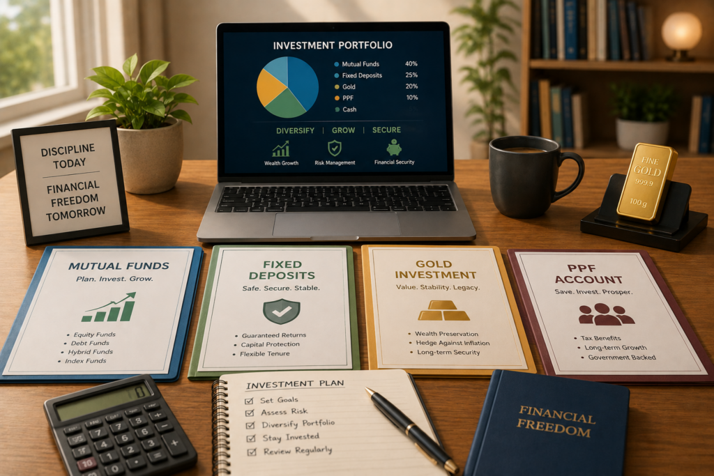 Minimalist financial planning desk setup featuring an organized Indian investment portfolio concept. A laptop displays an investment allocation chart alongside documents for mutual funds, fixed deposits, gold investment, and PPF accounts. The scene includes a calculator, notebook, coffee mug, gold bar, books about financial freedom, and indoor plants, all styled as a clean modern vector illustration about disciplined wealth building.