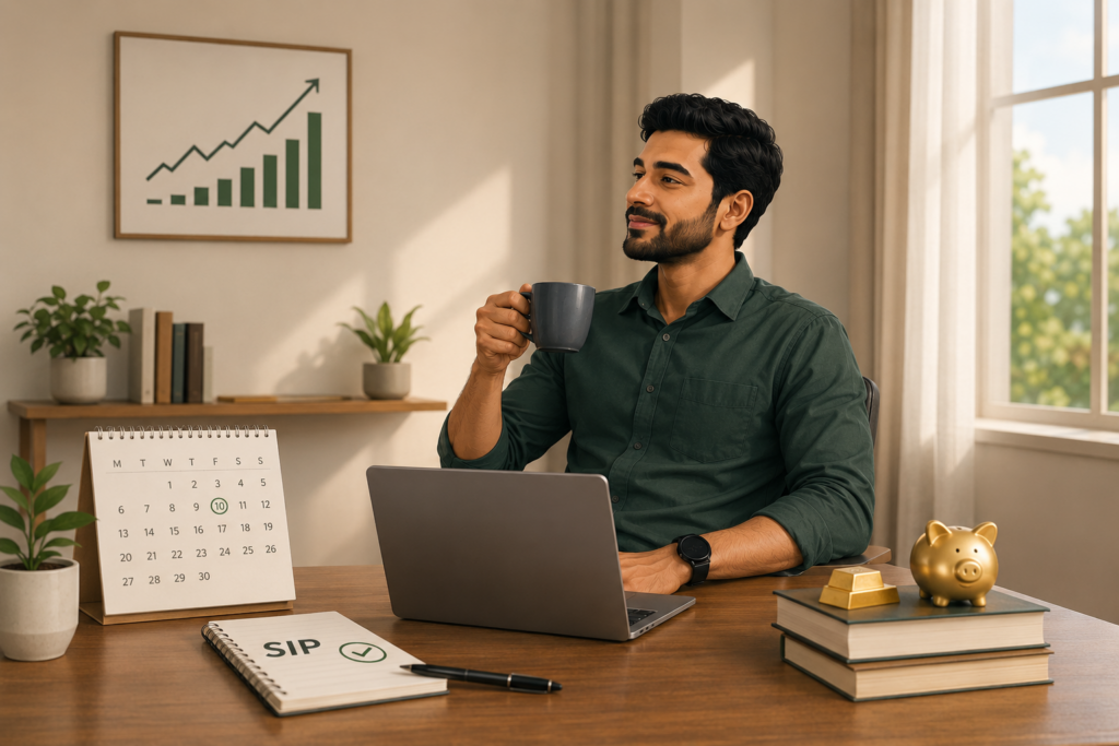 Young Indian professional sitting calmly at a minimalist wooden desk with a laptop and coffee mug, enjoying a peaceful moment while following a disciplined SIP investing routine. The warm modern workspace features a calendar, notebook labeled “SIP,” piggy bank, gold bars, indoor plants, and a rising investment chart on the wall, symbolizing long-term wealth growth, financial discipline, and stress-free investing.