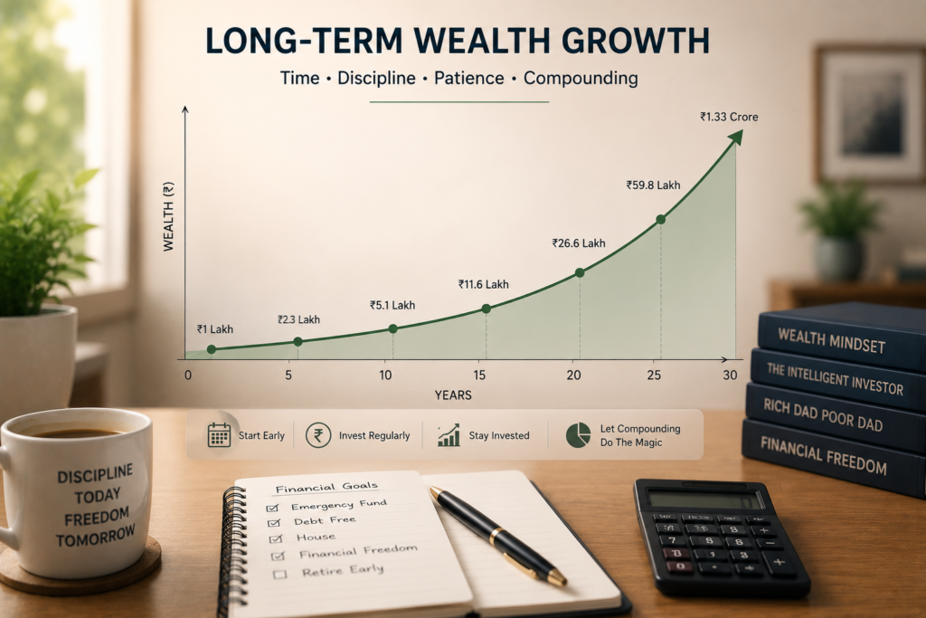 Financial growth illustration showing a steadily rising long-term wealth graph over 30 years in a clean modern workspace. The scene includes a notebook with financial goals, calculator, investment books, coffee mug, and motivational elements symbolizing disciplined investing, patience, compounding, and financial freedom.