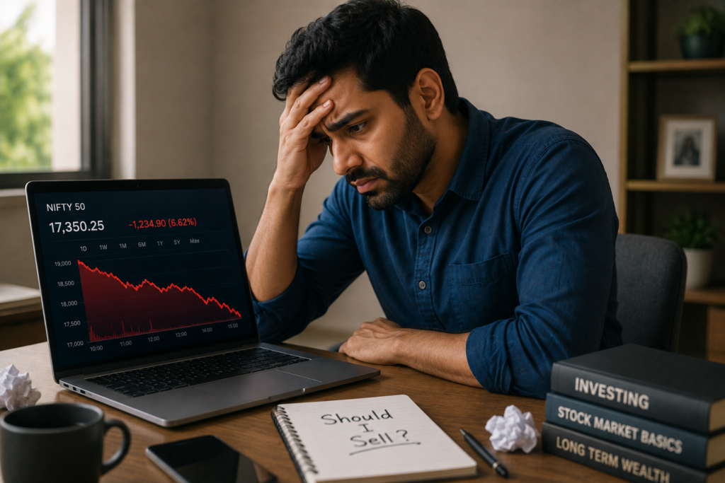 Young Indian investor looking stressed while watching a falling stock market graph on a laptop in a dimly lit home office. The realistic financial illustration shows emotional decision-making during market volatility, with a notebook reading “Should I Sell?”, crumpled papers, coffee mug, and investment books creating a tense financial atmosphere.