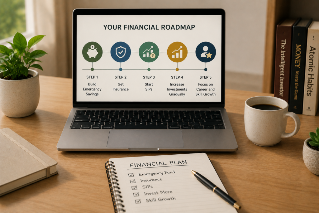 Minimalist financial planning workspace with a laptop displaying a step-by-step financial roadmap. The illustration includes goals like building emergency savings, getting insurance, starting SIPs, increasing investments, and focusing on career growth. A notebook, coffee mug, books, and indoor plants create a calm productivity-focused financial planning setup.