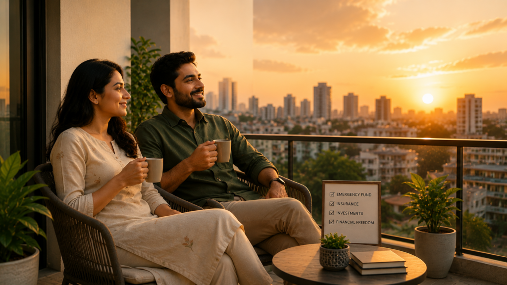 Indian professional couple relaxing on a balcony at sunset while enjoying tea and a peaceful financially secure lifestyle. The warm cinematic illustration features city skyline views, indoor plants, and a checklist highlighting emergency funds, insurance, investments, and financial freedom, symbolizing stability, long-term planning, and minimal financial stress.