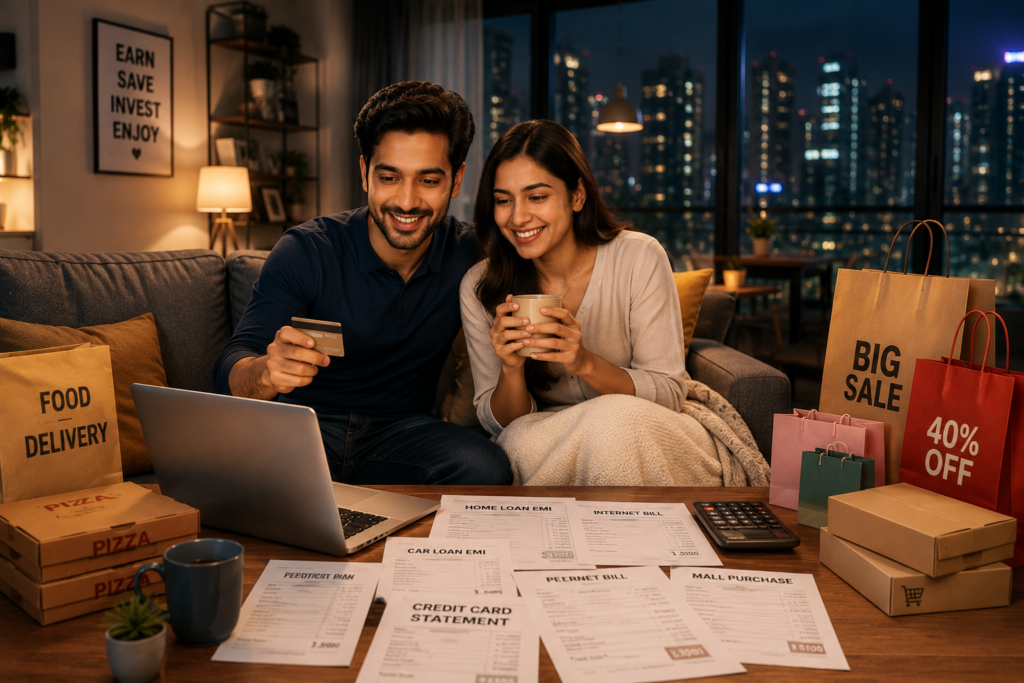 Young Indian couple relaxing in a modern apartment at night, smiling while shopping online and reviewing household expenses on a laptop. The cozy living room is filled with shopping bags, food delivery boxes, bills, and warm ambient lighting, creating a relatable lifestyle scene about enjoying urban spending and modern financial habits.