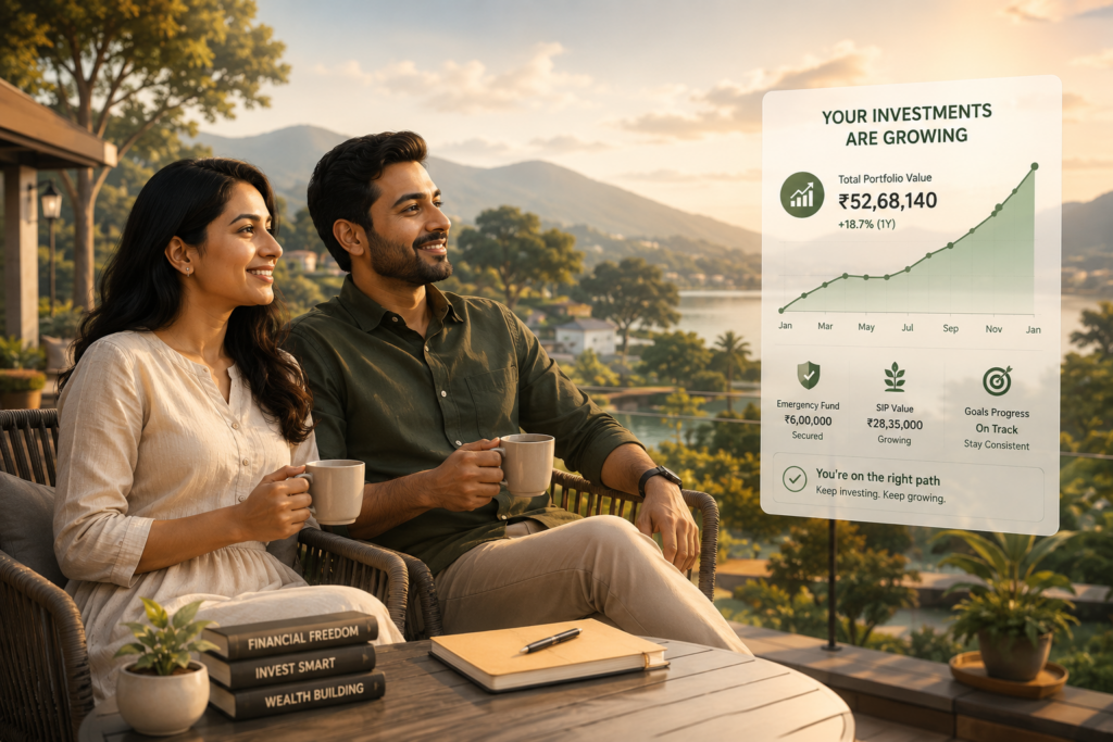 Calm Indian professional couple relaxing outdoors with tea during sunset while reviewing their growing investments. The modern vector-style illustration shows a peaceful financial lifestyle with a rising investment growth chart, warm natural lighting, scenic greenery, and a stress-free atmosphere symbolizing long-term wealth creation and financial stability.
