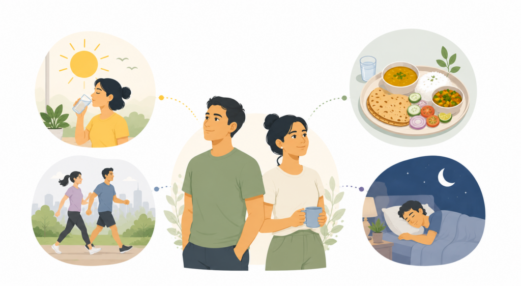 4 daily habits for a healthy life for Indian working adults – morning, food, movement and sleep