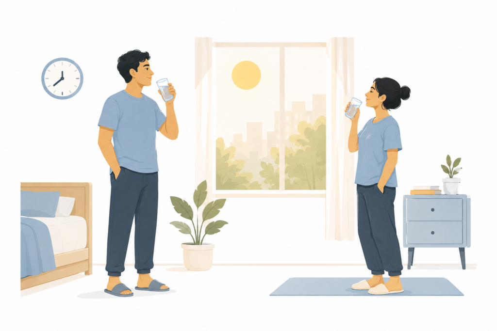 Indian working adults standing near a window with morning sunlight and a glass of water