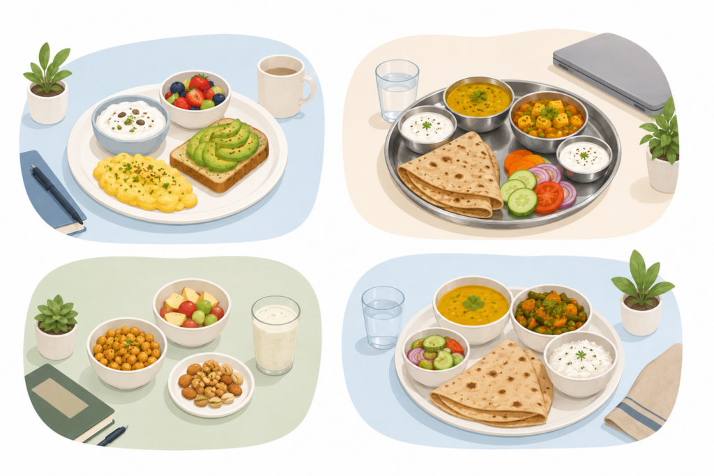 Balanced Indian thali with roti, dal, sabzi, salad and curd on a table

