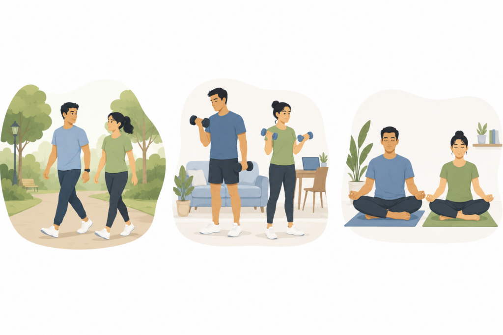 Indian working adults doing light exercise, walking or using small dumbbells

