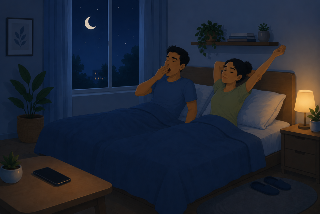 Indian working adults ready to sleep in a calm bedroom with phone kept away and moon outside the window

