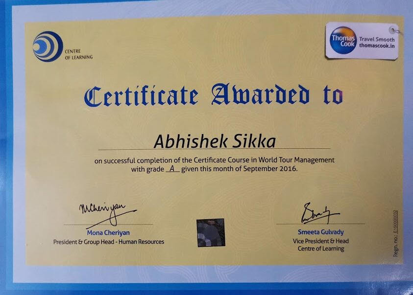 Certificate for World Tour Management awarded to Abhishek Sikka with grade A, September 2016
