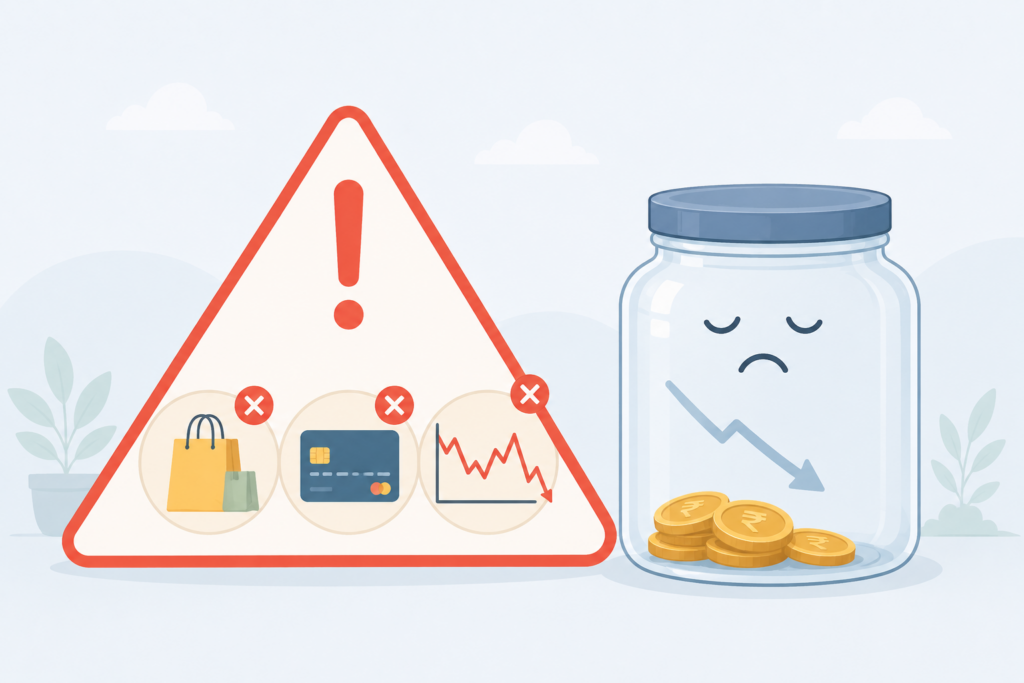 Modern flat vector illustration highlighting common emergency fund mistakes. A shrinking savings jar sits beside a large warning symbol containing icons for shopping, credit card spending, and high-volatility investments. The clean minimalist design represents the risks of using emergency savings for discretionary purchases, relying on debt, or chasing investment returns instead of preserving financial security and liquidity for genuine emergencies.
