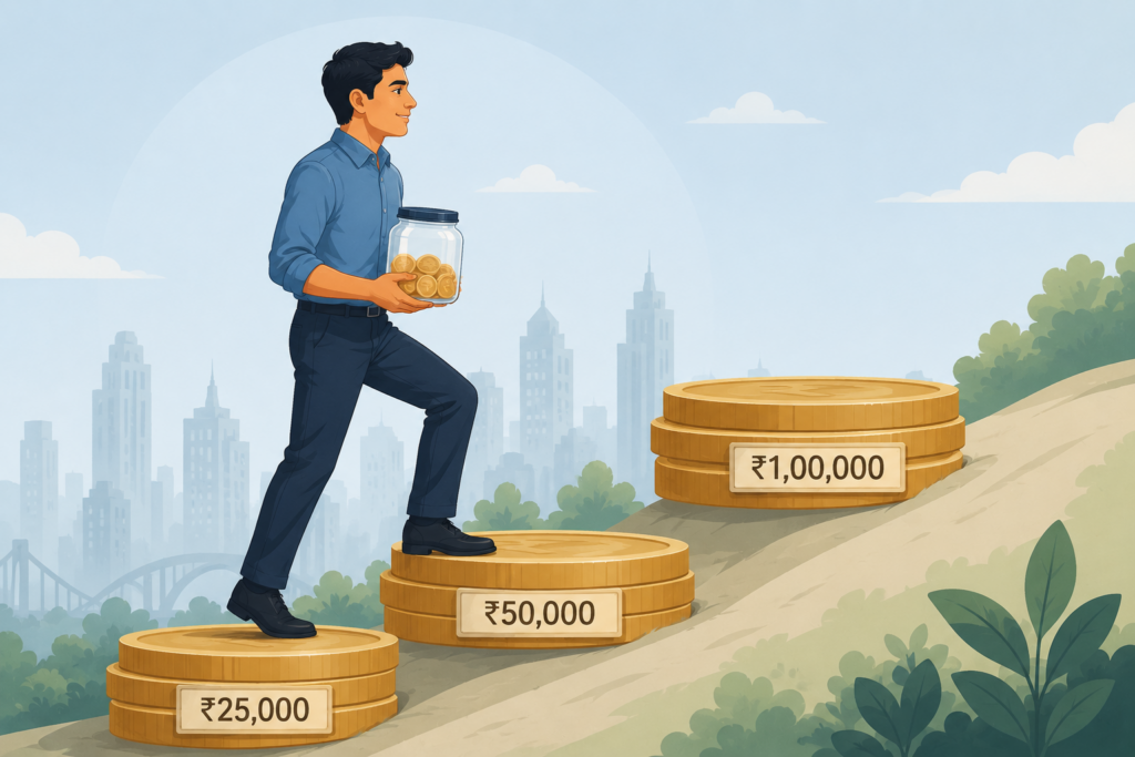 Modern flat vector illustration of an Indian professional steadily climbing a staircase made of rupee coins while carrying a small savings jar. Each step represents a higher savings milestone, symbolizing the gradual building of an emergency fund. The individual appears calm, confident, and focused, emphasizing disciplined financial habits, consistent progress, and long-term wealth building rather than rushing toward financial goals.

