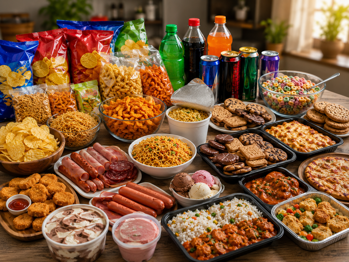 Collection of ultra-processed foods such as sugary drinks, packaged snacks, instant noodles, and confectionery products