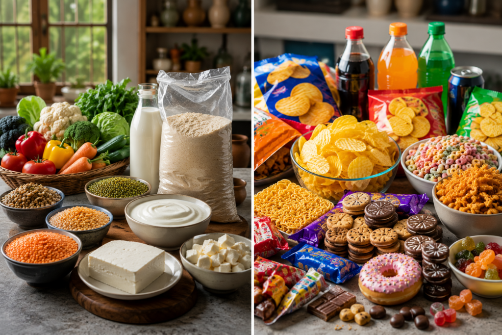 Side-by-side comparison of minimally processed foods such as vegetables, legumes, dairy, and grains versus ultra-processed foods including chips, sugary drinks, cookies, candy, and packaged snacks