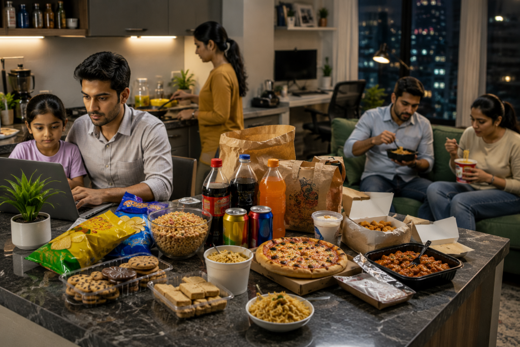 Family in a modern home surrounded by takeaway meals, packaged snacks, soft drinks, and instant foods, illustrating the growing role of ultra-processed foods in daily life