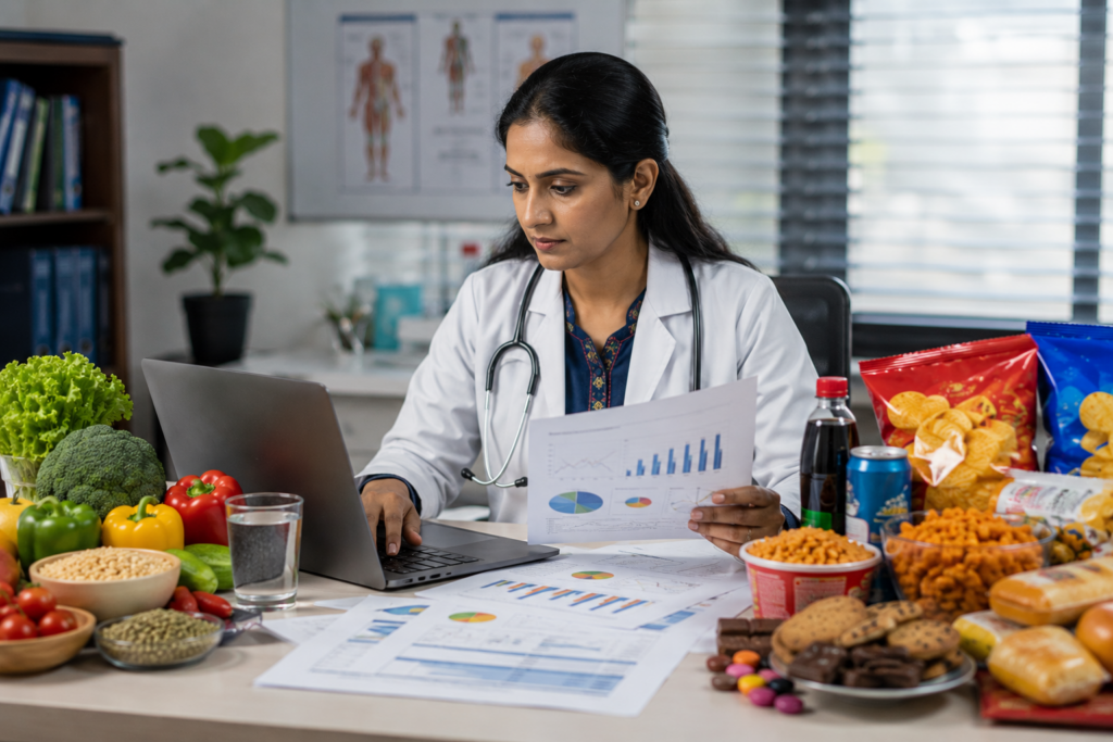 Healthcare professional reviewing research data on nutrition while comparing whole foods and ultra-processed foods on a desk