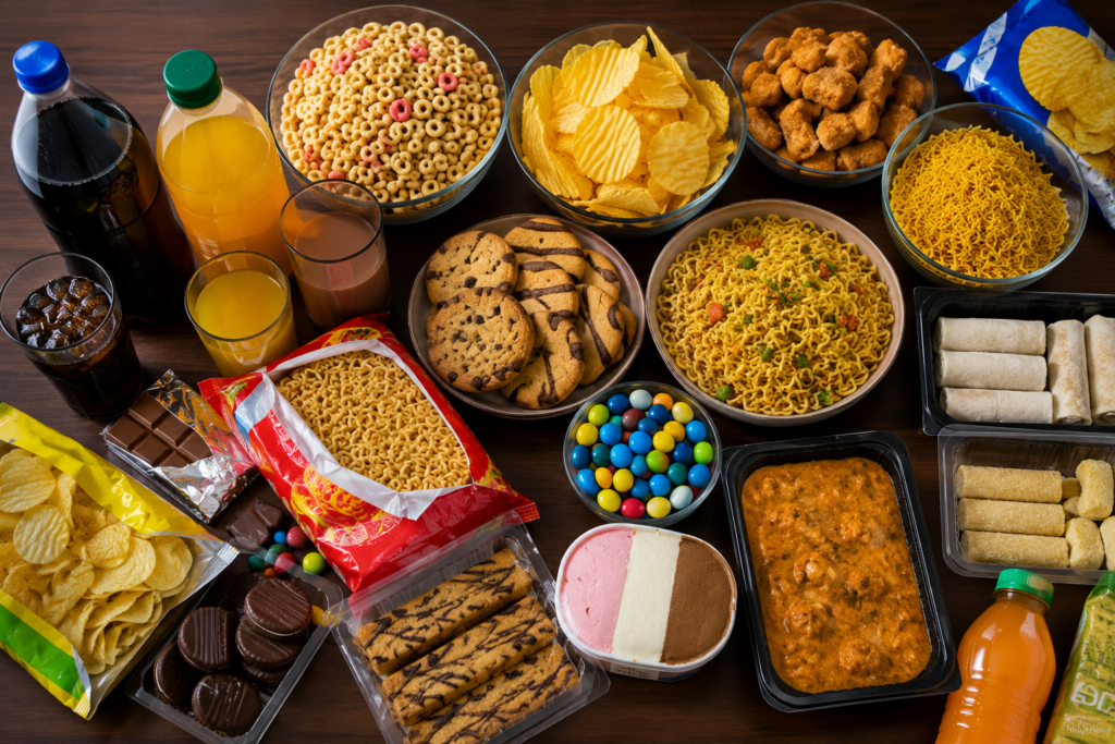 Selection of ultra-processed foods including instant noodles, packaged snacks, soft drinks, cookies, confectionery, frozen foods, and desserts arranged on a table