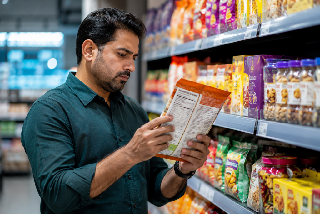 Consumer examining the ingredient list and nutrition label of a packaged food product in a supermarket aisle