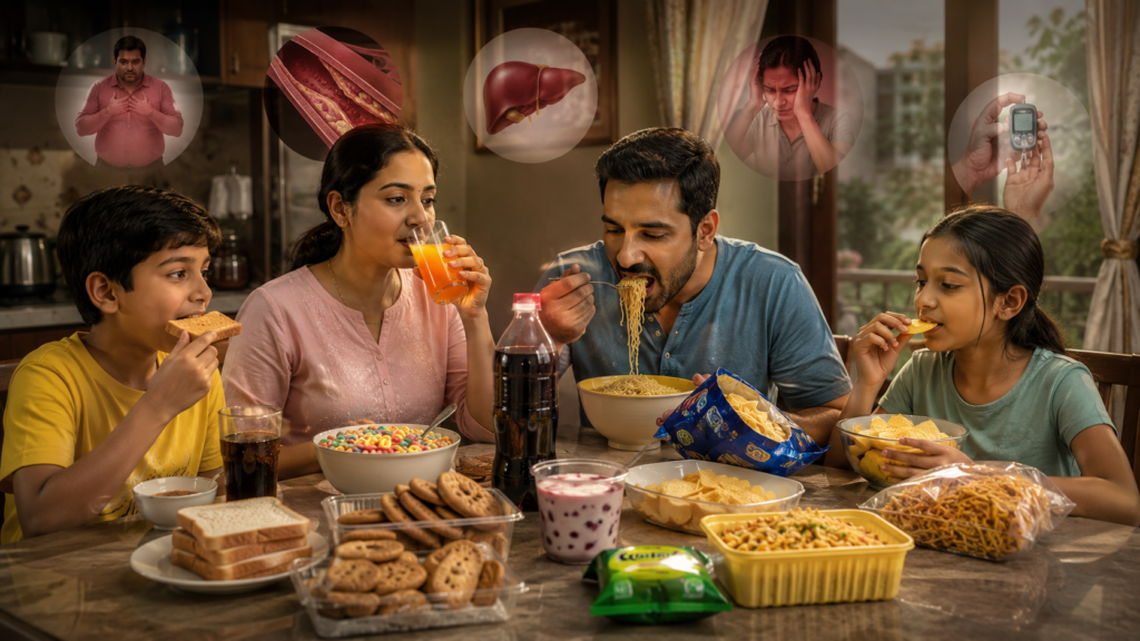 Illustration showing ultra-processed foods alongside visual representations of their potential effects on the brain, heart, digestive system, metabolism, and overall health