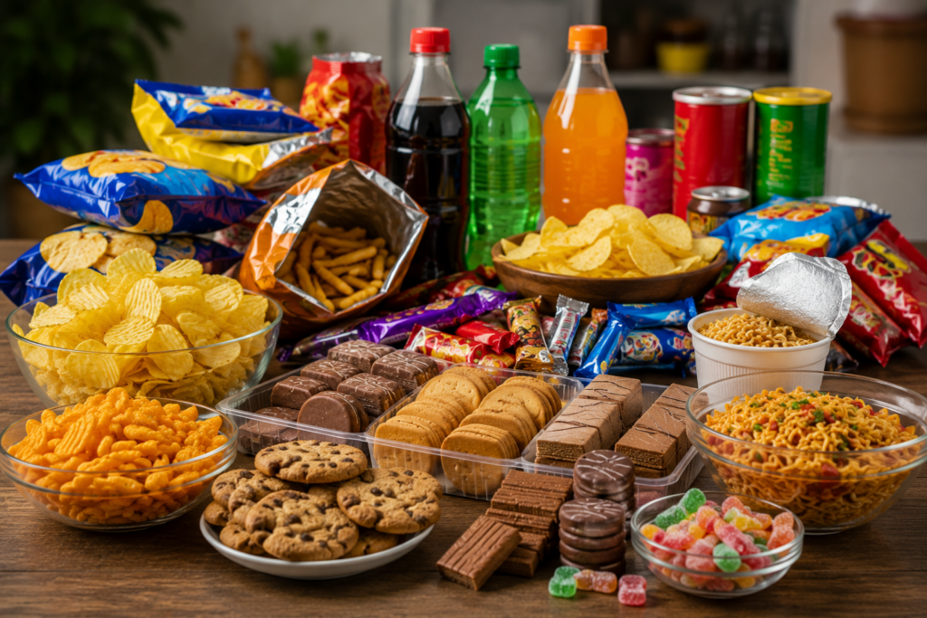 Examples of ultra-processed foods including packaged chips, soft drinks, cookies, candy, and instant noodles commonly found in modern diets