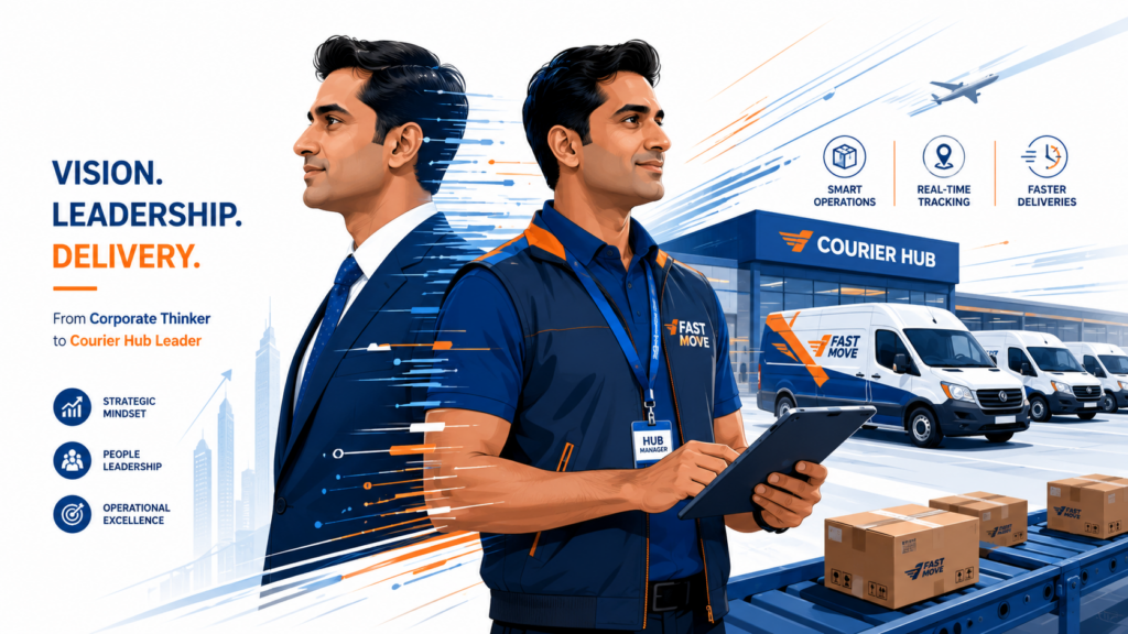 Modern illustrative banner showing a transition from a corporate professional to an active logistics franchise manager, symbolizing the choice between a desk job and the gritty reality of the courier business in India.
