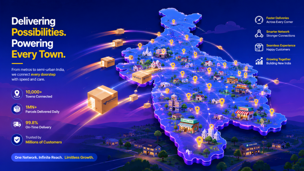 Modern vector art of a stylized map of India with glowing digital pins lighting up Tier-2 and Tier-3 cities, showing e-commerce parcels flowing along regional delivery routes