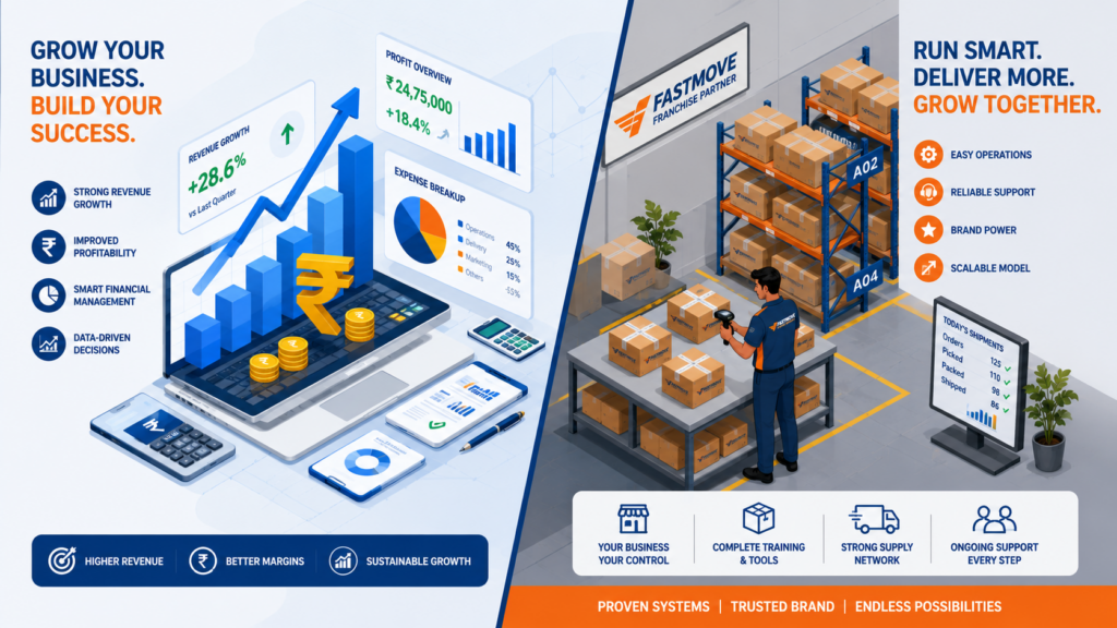 A balance of financial planning and active operational mechanics of courier & logistic franchise business in India (calculators, clipboards, and packages).