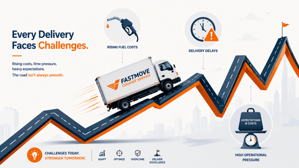 Graphic illustration of a delivery vehicle driving over a volatile, fluctuating graph line, surrounded by floating icons representing fuel price hikes, weight scales, and operational deadlines.