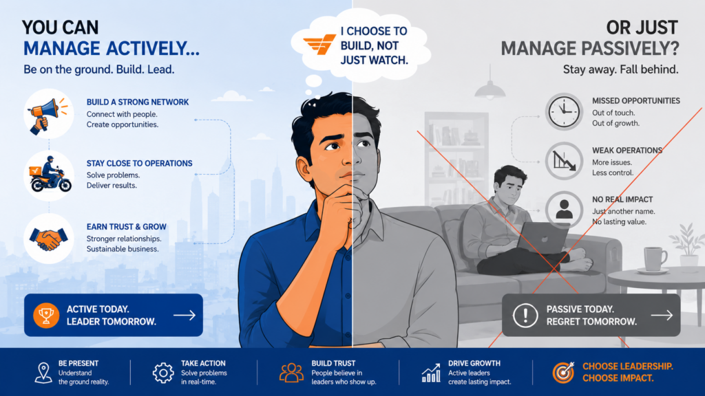 Minimalist conceptual illustration of a professional weighing two choices, contrasting active on-the-ground management skills against a passive, hands-off investment style
