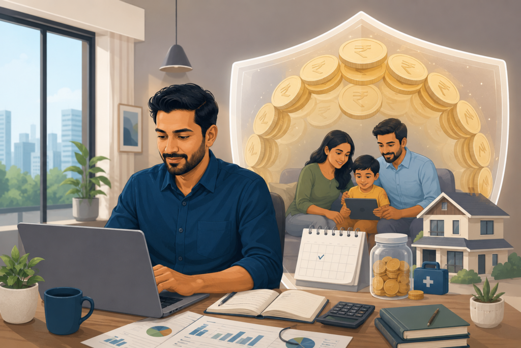Indian working professional reviewing finances on a laptop while a protective shield made of savings and rupee symbols safeguards a family, house, and emergency fund assets, illustrating the role of an emergency fund in financial security.