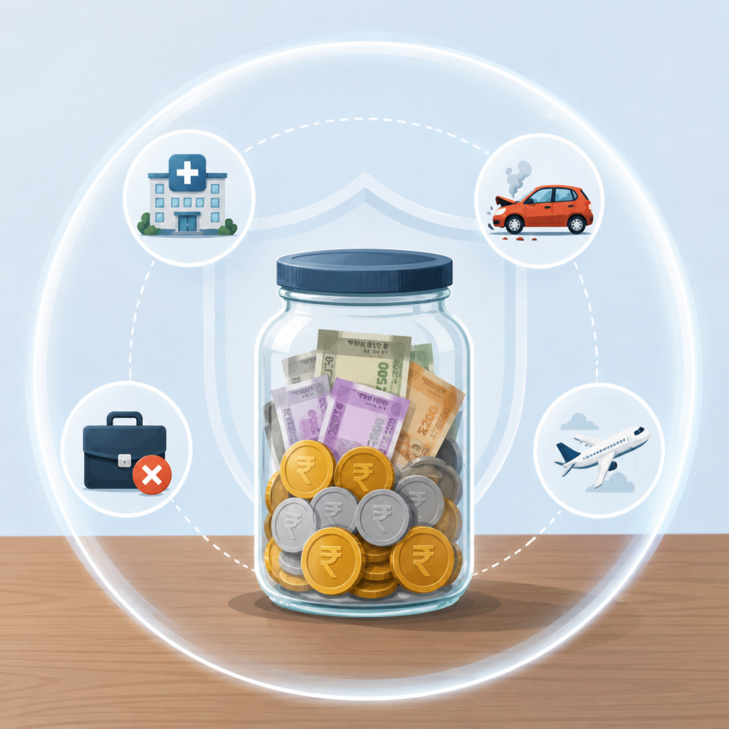 Modern flat vector illustration of an emergency fund concept featuring a glass savings jar filled with Indian rupee notes and coins. The jar is protected by a transparent safety shield and surrounded by icons representing medical emergencies, job loss, vehicle repairs, and travel disruptions. The clean minimalist design symbolizes financial preparedness, emergency savings, and protection against unexpected expenses.
