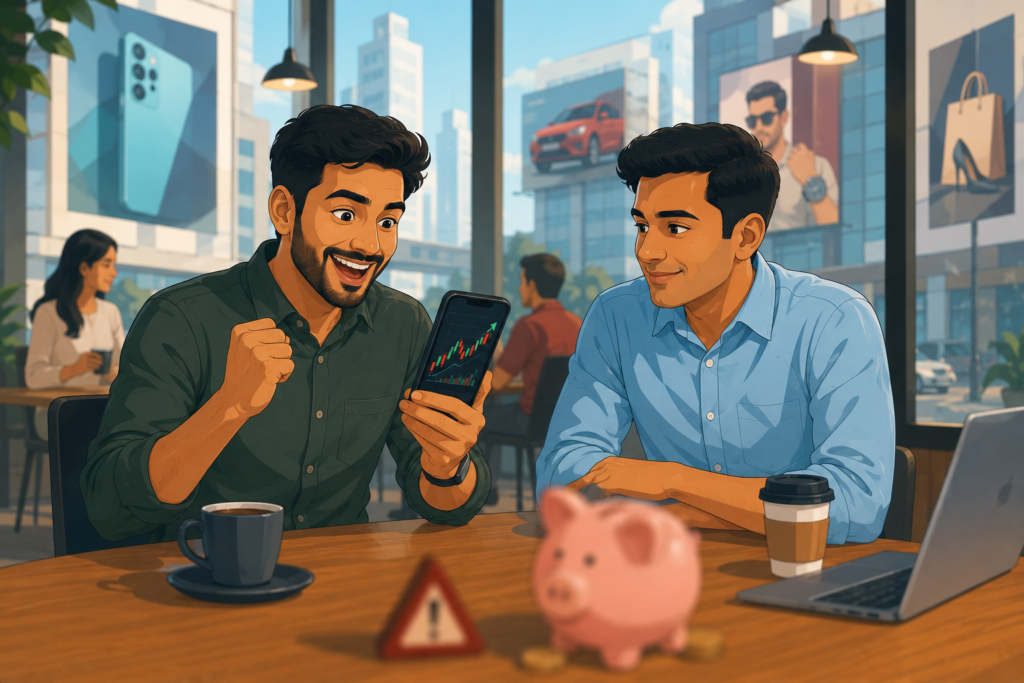Modern flat vector illustration of two Indian office professionals sitting in a café while discussing stock market gains. One person excitedly looks at a rising stock chart on a smartphone, while a piggy bank and warning symbol sit unnoticed on the table in the foreground. Large city buildings, lifestyle advertisements, and a busy urban backdrop represent distractions, consumerism, and the tendency to prioritize market excitement over building emergency savings and financial security.
