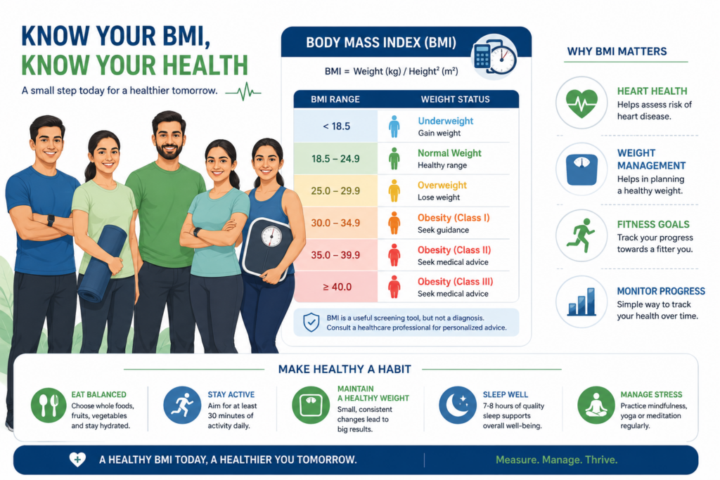 BMI Calculator infographic showing weight categories and health benefits