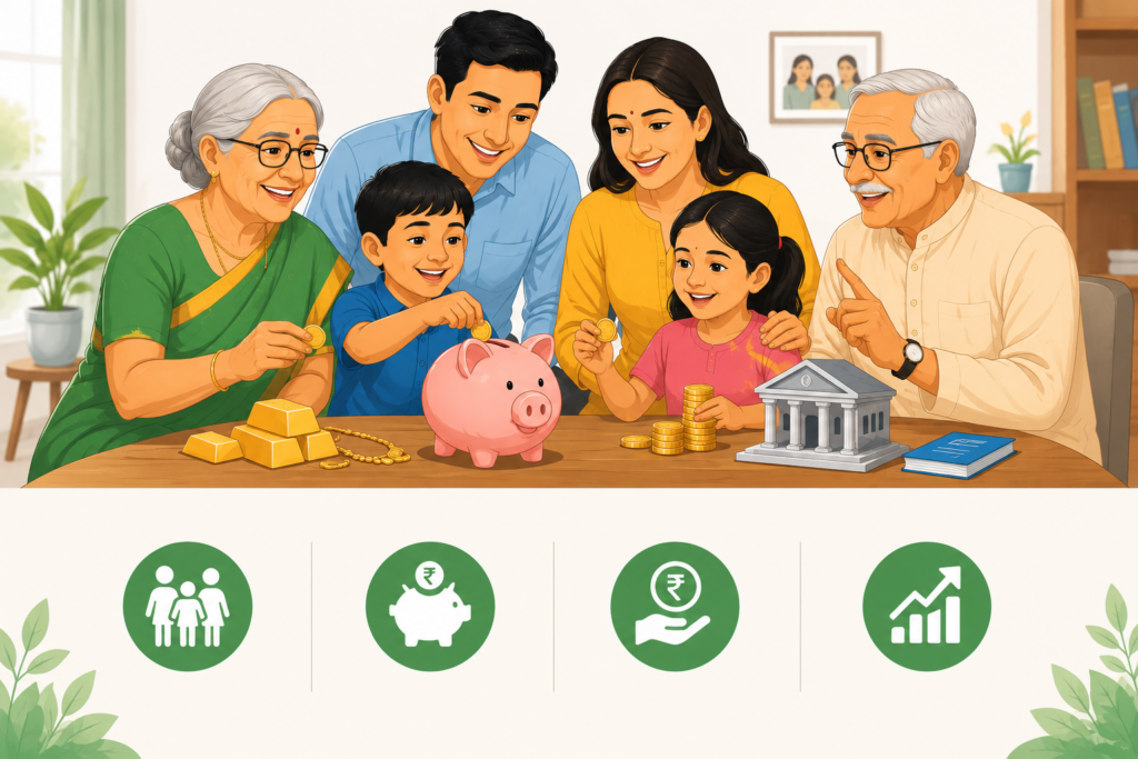 Modern flat vector illustration of a multigenerational Indian family practicing traditional saving habits together at home. Grandparents, parents, and children gather around a table while contributing coins to a piggy bank, with gold bars, savings passbook, bank building model, and stacked coins nearby. The warm and welcoming scene symbolizes family values, disciplined saving, financial education across generations, and the importance of building wealth through traditional Indian saving practices.