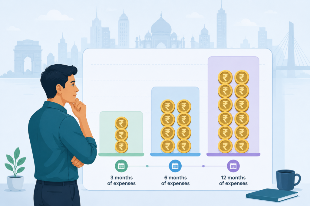 Modern flat vector illustration of an Indian professional thoughtfully evaluating emergency fund requirements. The person stands beside a dashboard-style chart featuring three increasing stacks of rupee coins representing different levels of financial reserves. A subtle Indian city skyline in the background symbolizes urban living and financial responsibilities, while the clean minimalist design conveys planning, risk management, and deciding the right emergency fund size for long-term financial security.

