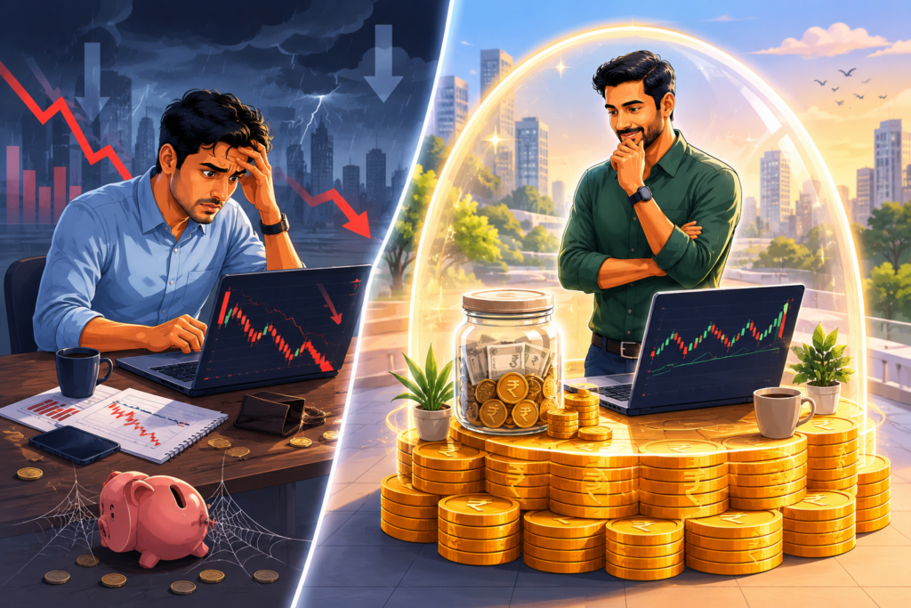 Split-scene financial illustration comparing two investors during a market decline. On the left, a worried Indian professional watches a falling stock chart in a dark, stormy environment with an empty piggy bank and scattered coins, symbolizing the absence of emergency savings and financial stress. On the right, a calm Indian professional stands confidently on a platform of rupee coins with an emergency savings jar beside a laptop, protected by a glowing safety shield while viewing the same market conditions. The contrast highlights how an emergency fund provides financial stability, confidence, and peace of mind during market volatility.
