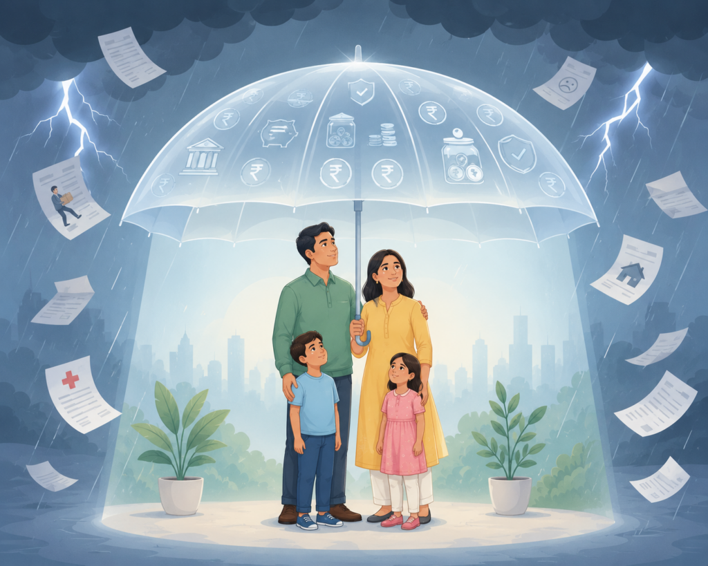 Modern flat vector illustration of an Indian family standing peacefully beneath a large transparent umbrella made of rupee symbols, savings jars, bank icons, and financial protection symbols. Outside the umbrella, dark storm clouds, lightning, and flying documents representing medical bills, job loss, household expenses, and financial emergencies create a chaotic environment. Inside the protective shelter, the family remains calm, safe, and confident, symbolizing how an emergency fund provides financial security, stability, and peace of mind during unexpected life events.
