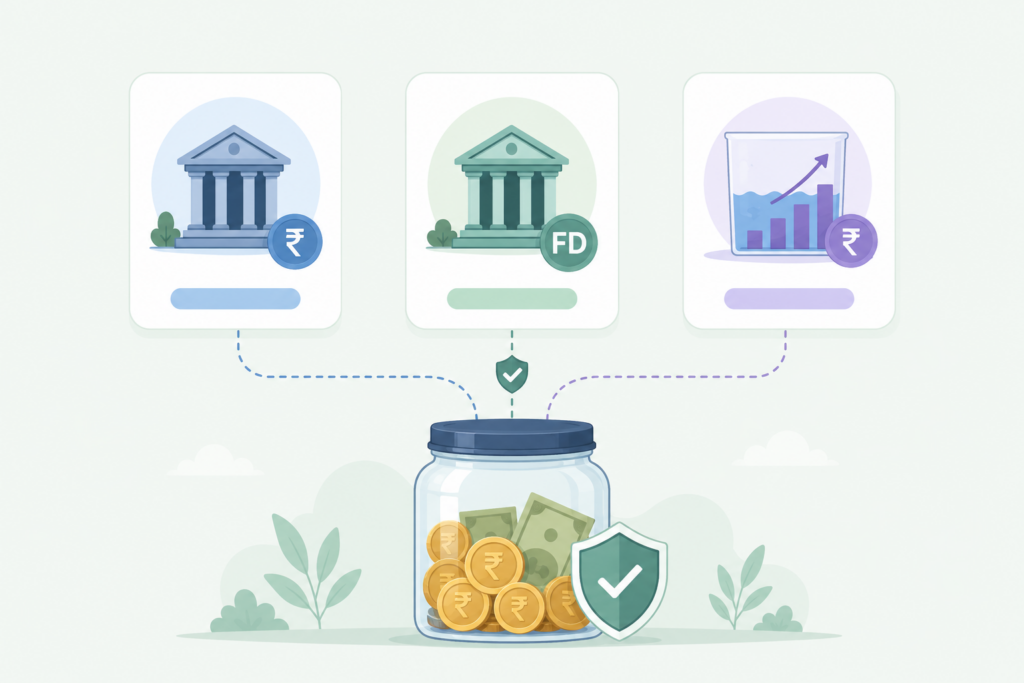 Modern flat vector illustration showing an emergency fund distributed across multiple safe financial instruments. A central savings jar filled with rupee coins and cash is connected to three separate containers represented by a savings account, a sweep fixed deposit, and a liquid mutual fund. A shield symbol emphasizes safety and accessibility, while the clean minimalist design illustrates diversification of emergency savings without sacrificing liquidity or financial security.
