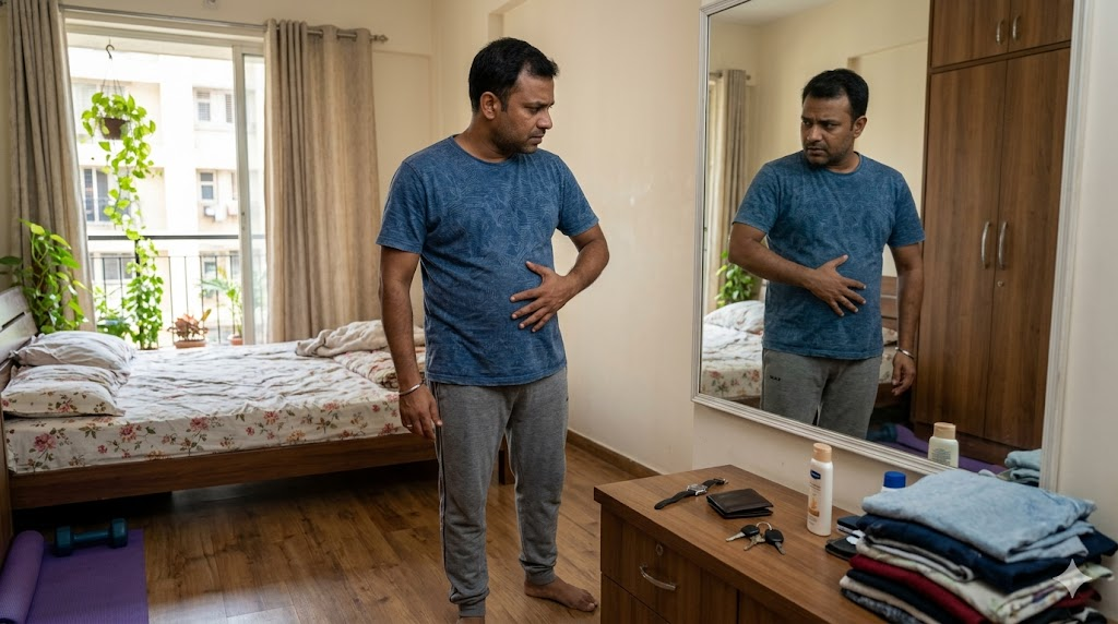 Indian man checking belly fat at home and reflecting on health and lifestyle habits