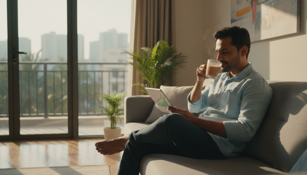 Split image showing a stressed man staring at trading screens on the left and a relaxed woman reading calmly on a park bench on the right, representing active fund stress versus index fund simplicity