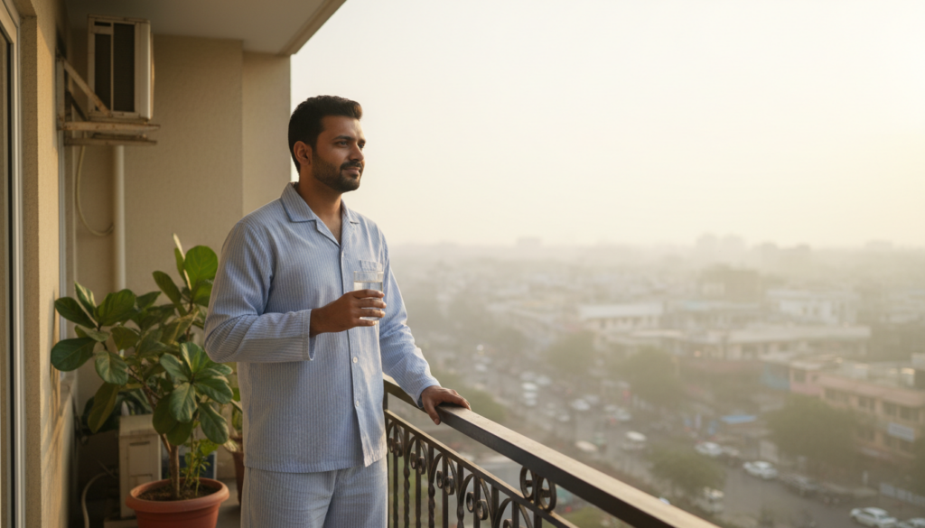 Indian working professional standing on a balcony in morning sunlight, representing a calm 10-minute morning routine