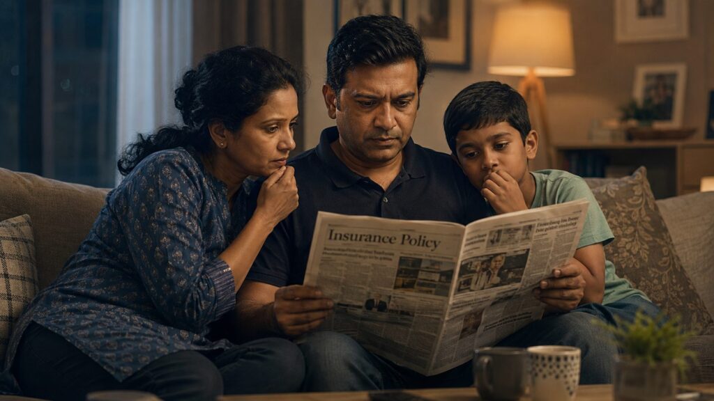 Family reading a newspaper article about picking the right insurance policy