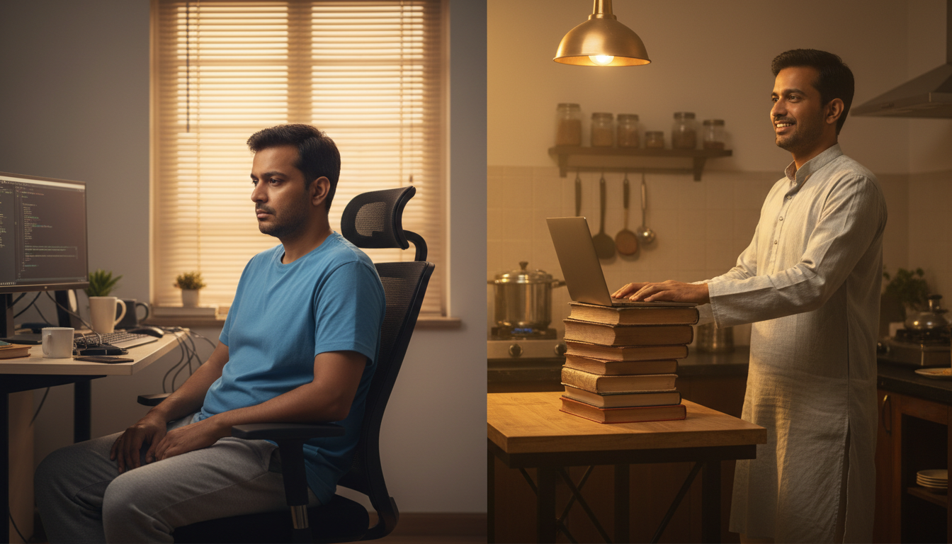 how long is it safe to sit at a desk indian office workers - illustration