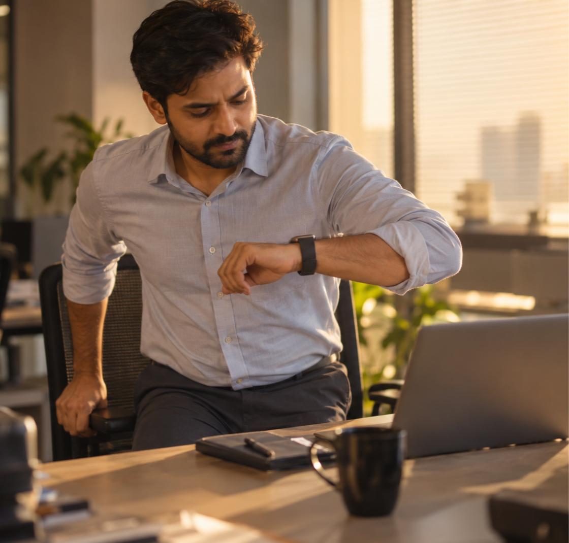 45-minute sitting rule reminder - Indian office worker checking smartwatch at desk