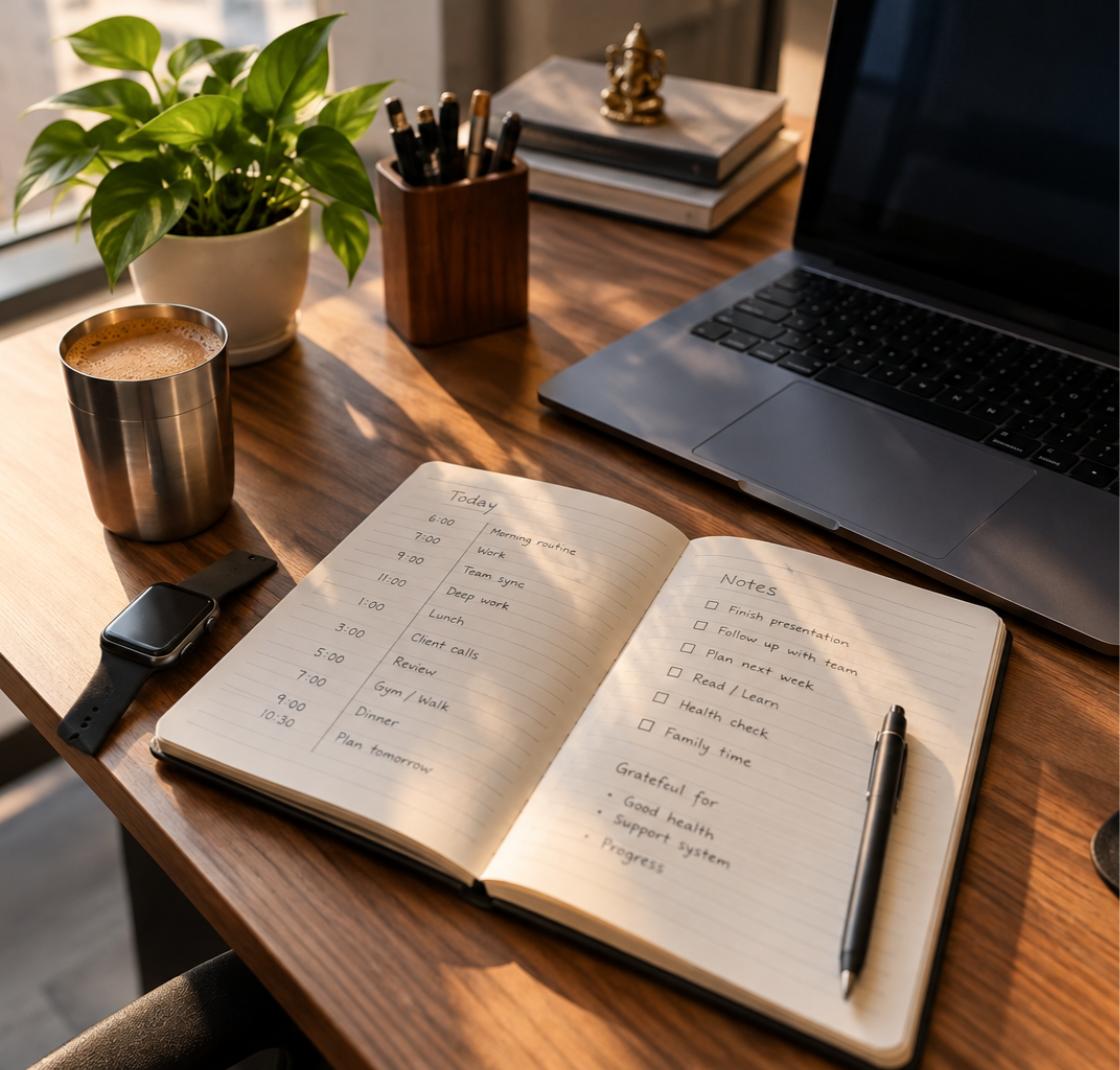 45-minute sitting rule daily schedule planner on an Indian office desk